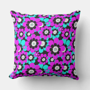 Coussin Fleurs florales en néon Motif violet et turquoise