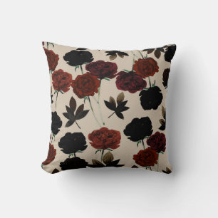 Coussin Fleurs foncées grasses rouges et beige noir botani