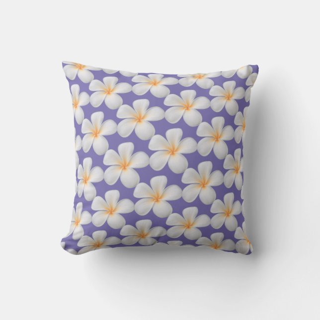 Coussin Fleurs Frangipani Plumeria blanches sur Periwinkle (Recto)