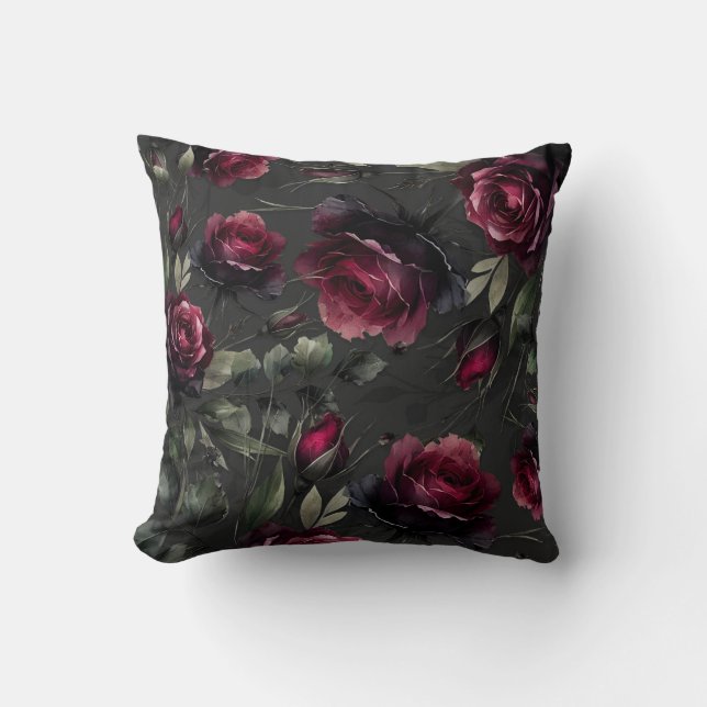 Coussin Fleurs grises ombrées de roses rouges de Bordeaux  (Recto)