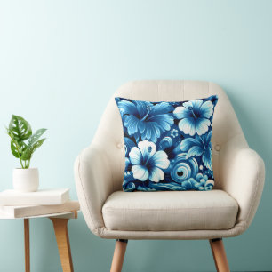 Coussin Fleurs hawaïennes tropicales Hibiscus Motif bleu