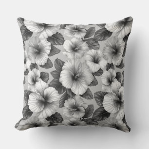Coussin Fleurs hibiscus à motifs floraux noirs et blancs