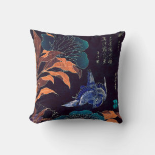 Coussin Fleurs japonaises & Oiseau Katsushika Hokusai Somb