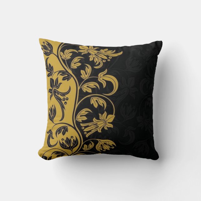Coussin fleurs jaune or noir feuille (Recto)