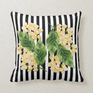 Coussin Fleurs jaunes à rayures noir et blanc