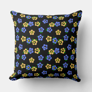 Coussin Fleurs jaunes bleues sur fond noir rétro