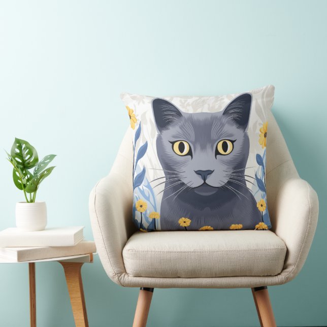 Coussin Fleurs Jaunes Chat Bleu Russe (Chaise)