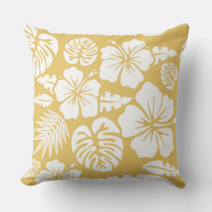 Coussin Fleurs jaunes et feuilles tropicales hawaïennes