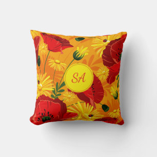 Coussin Fleurs jaunes et Poppies rouges Monogrammes