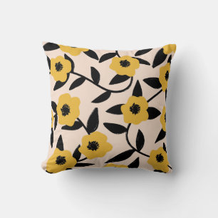 Coussin Fleurs Jaunes Modernes Motif Feuille Noir