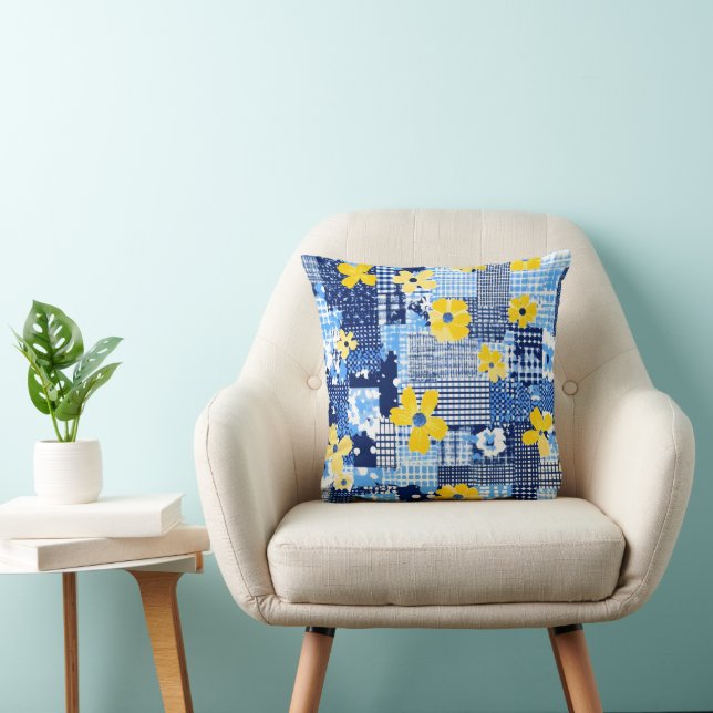 Coussin Fleurs jaunes Motif bleu (Chaise)