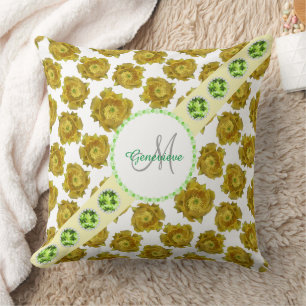 Coussin Fleurs Jaunes Motif, Pierres Vertes & Perles
