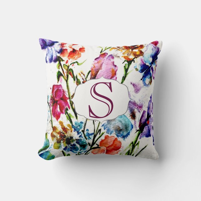 Coussin Fleurs lunatiques d'aquarelle avec le monogramme (Recto)