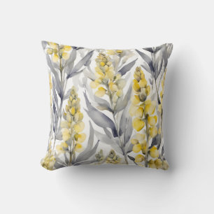 Coussin Fleurs Lupins Jaunes Et Aquarelle Grise Florale