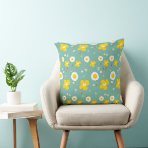 Coussin Fleurs marguerites Blanc Jaune Sur Vert Turquoise