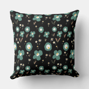 Coussin Fleurs marguerites Pastel Sage Blanc Jaune Noir