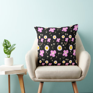 Coussin Fleurs marguerites rose jaune noir