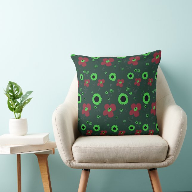 Coussin Fleurs marguerites Rouge Vert Noir (Chaise)
