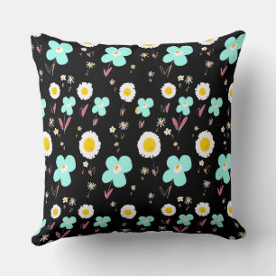 Coussin Fleurs marguerites Turquoise Rose Blanc Noir