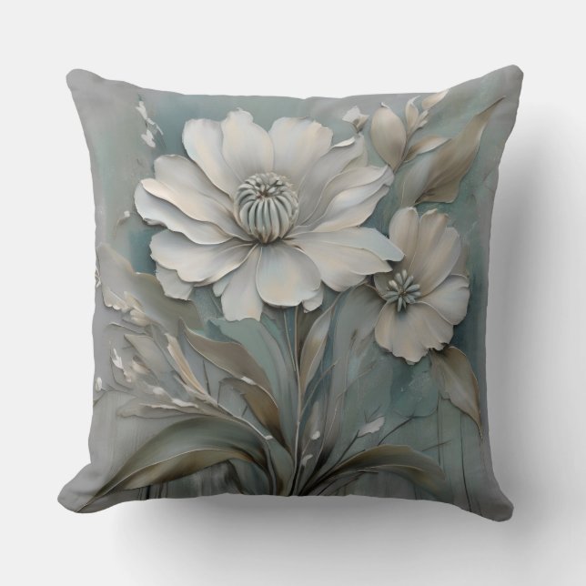 Coussin Fleurs modernes bleu sarcelle clair gris beige bla (Recto)