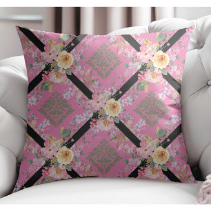 Coussin Fleurs modernes élégantes et Damas florales rose
