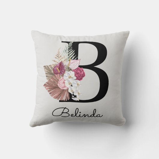 Coussin Fleurs modernes rose monogrammé initiale B (Verso)