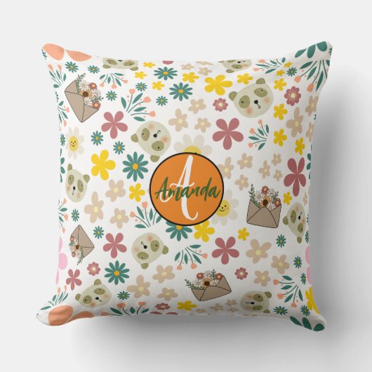Coussin Fleurs monogrammes bébé fille rose orange (Recto)