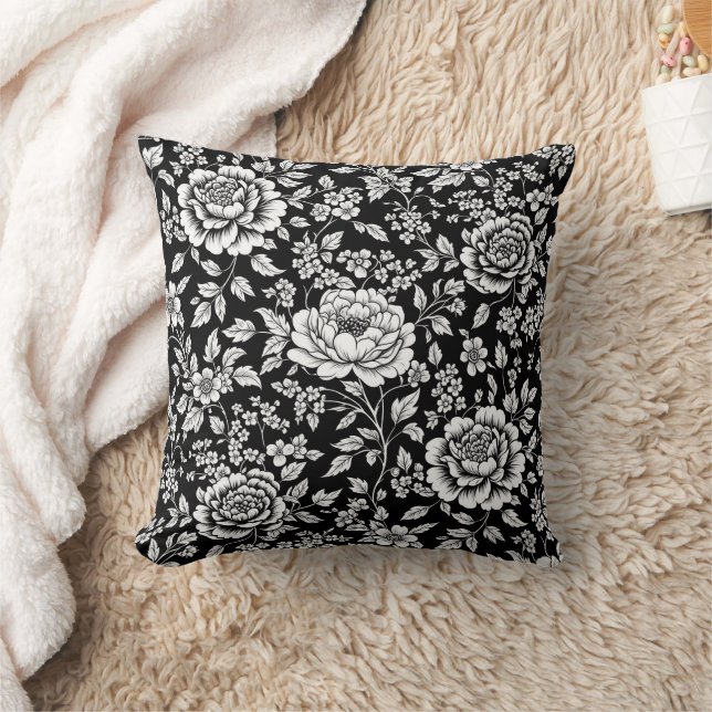 Coussin Fleurs noires et blanches, motif sans couture vint (Couverture)