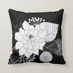 Coussin Fleurs Noires Et Blanches Sur Un Arrière - plan No