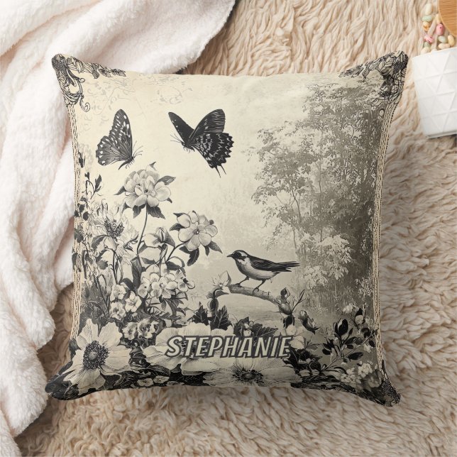 Coussin Fleurs, oiseaux et papillons sur papier vieilli (3 (Couverture)