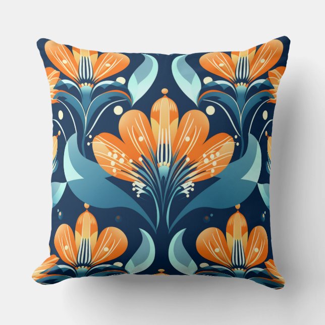Coussin Fleurs orange bleu Art Déco (Recto)