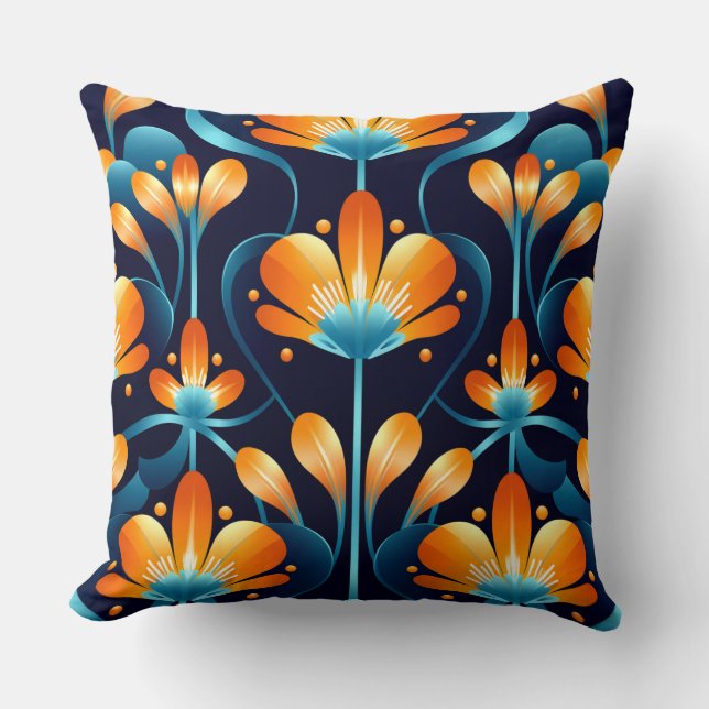 Coussin Fleurs orange bleu Art Déco (Recto)