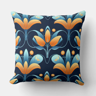 Coussin Fleurs orange bleu Art Déco 1