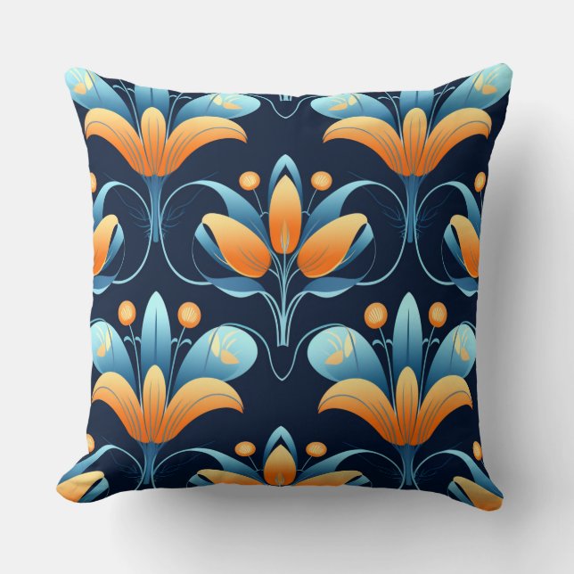 Coussin Fleurs orange bleu Art Déco 1 (Recto)