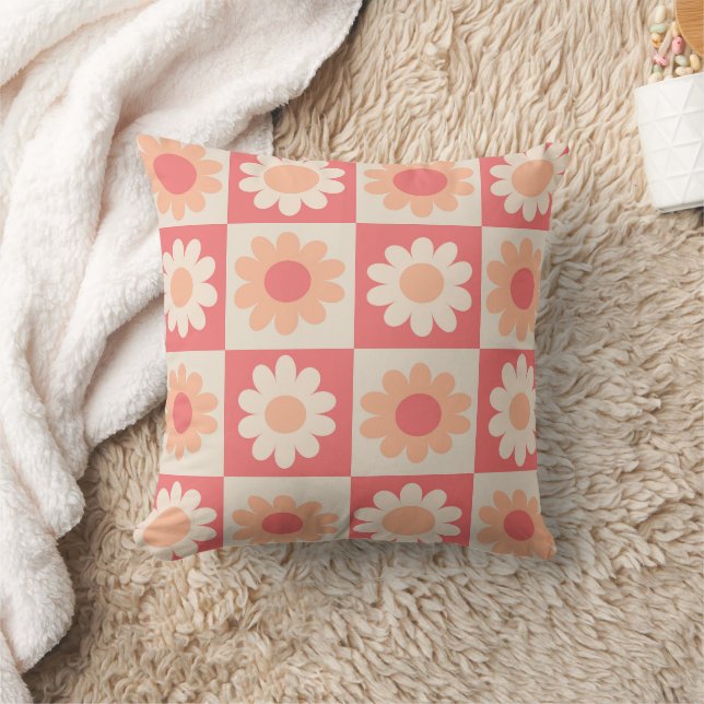 Coussin Fleurs orange pêche à carreaux  (Couverture)