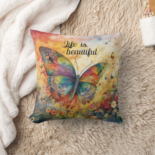 Coussin Fleurs Papillon Colorées Citation Inspirante (Couverture)