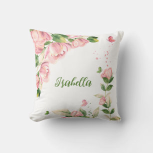 Coussin Fleurs papillons roses romantiques