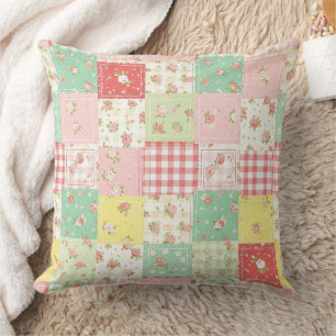 Coussin Fleurs pastel douces Patchwork Gingham à carreaux