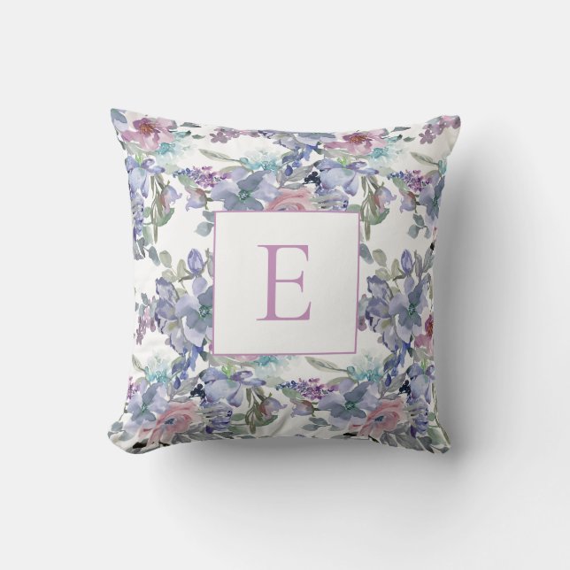 Coussin Fleurs pastel rose bleu violet Monogramme blanc (Recto)