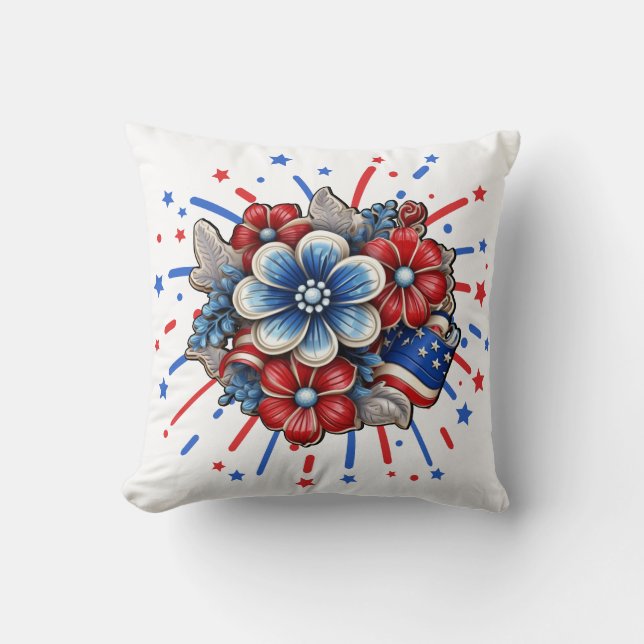 Coussin Fleurs patriotiques en rouge blanc et 4 juillet bl (Recto)