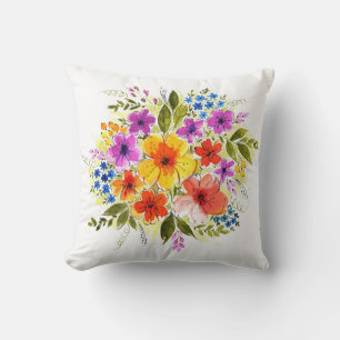 Coussin Fleurs peintes à la main, bouquet aquarelle clair.