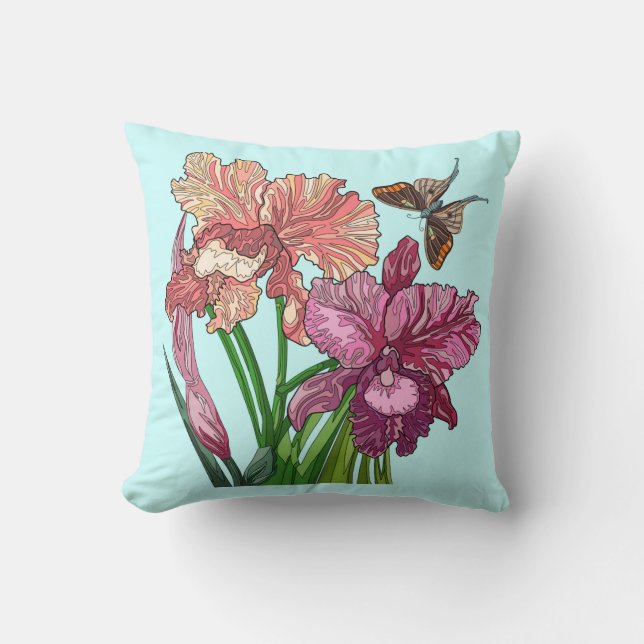 Coussin Fleurs peintes, iris avec papillon à la menthe (Recto)