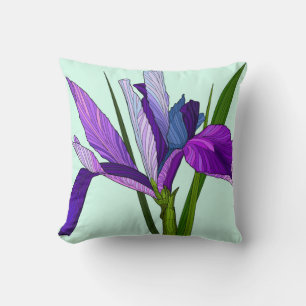 Coussin Fleurs peintes, jolie iris violet à la menthe