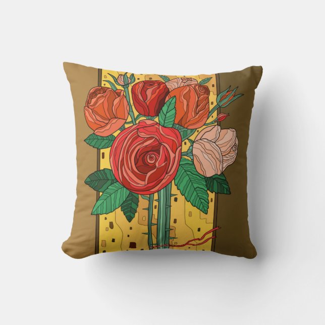 Coussin Fleurs peintes, roses du sud-ouest sur brun (Recto)