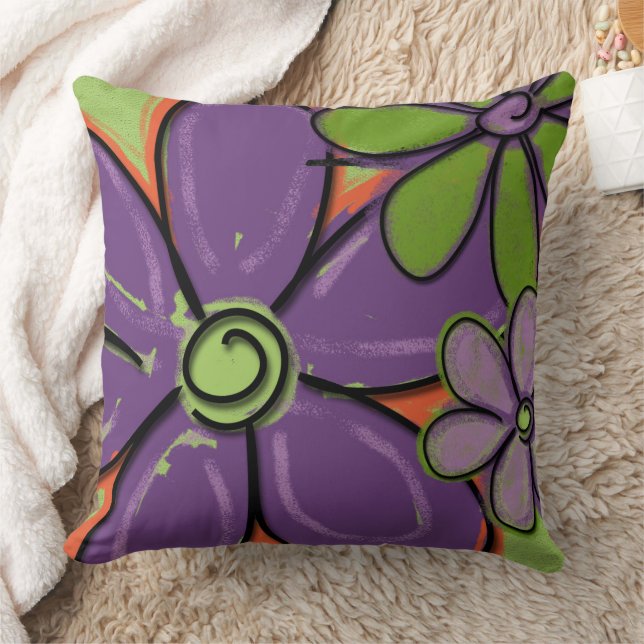 Coussin Fleurs peintes violet et vert (Couverture)