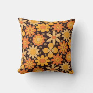 Coussin Fleurs Rétro Groovy 70s Orange Jaune 