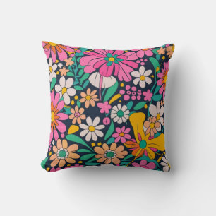 Coussin Fleurs rétro groovy des années 60 en rose orange a