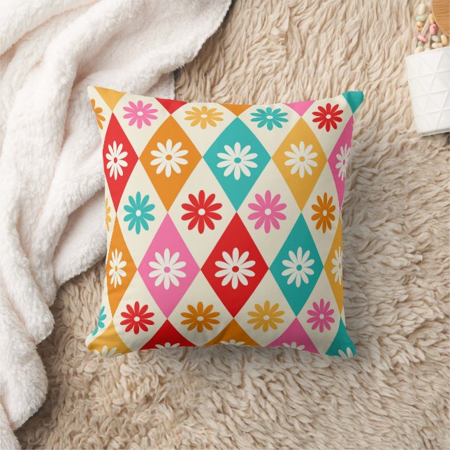 Coussin Fleurs Rétro sur Diamants Arlequin Colorés (Couverture)