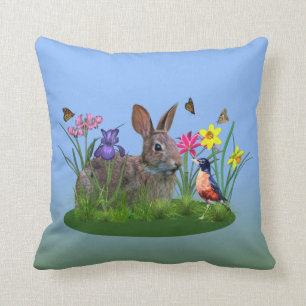 Coussin Fleurs, Robin, et lapin de ressort