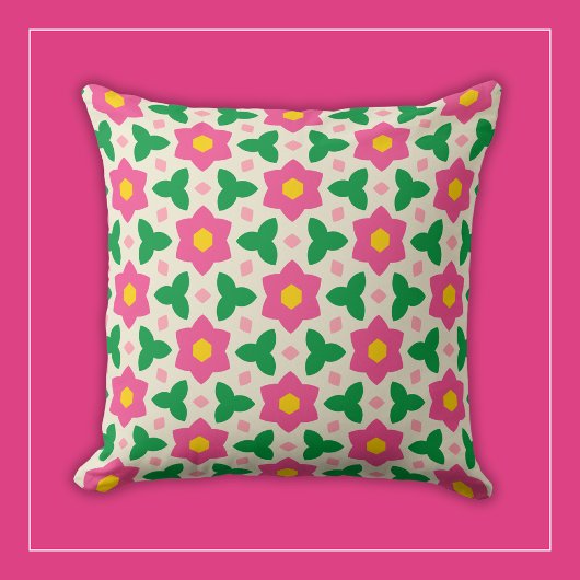 Coussin Fleurs rose chaud Mod avec floral géométrique vert
